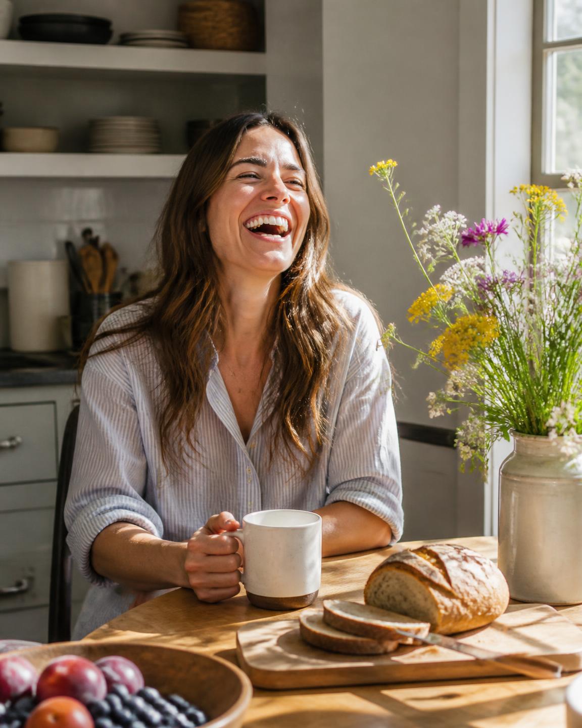 A woman laughing at a sunlit kitchen table with coffee, fresh bread and wildflowers