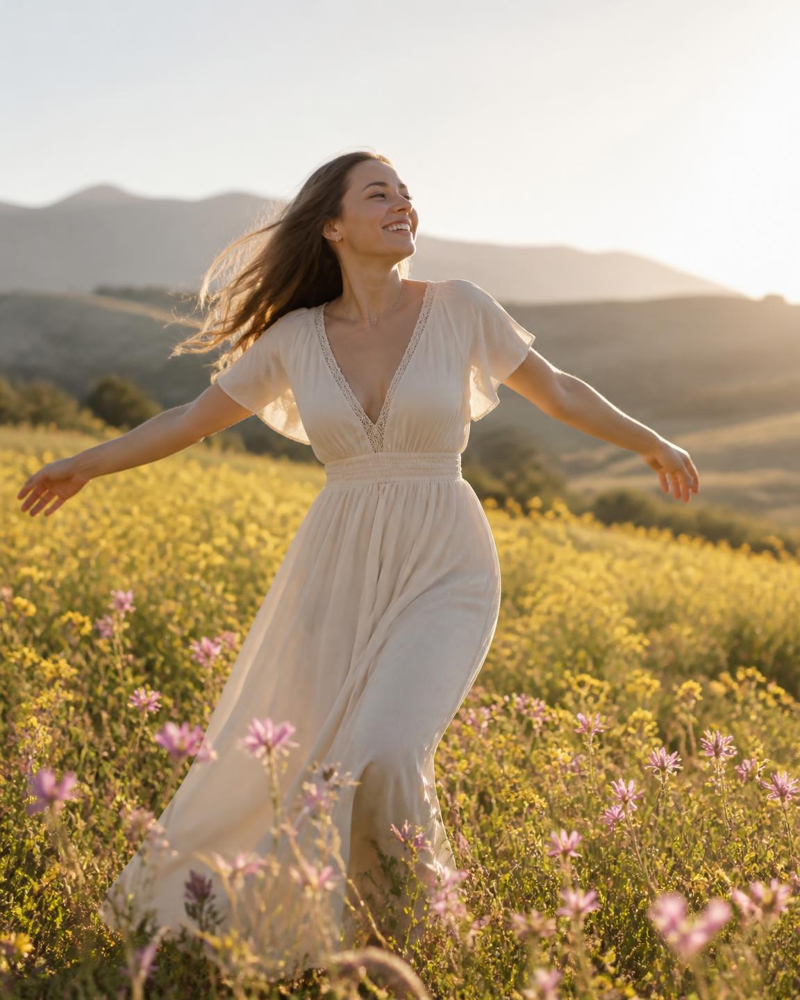 A woman walking joyfully through a sunlit meadow of wildflowers, arms open