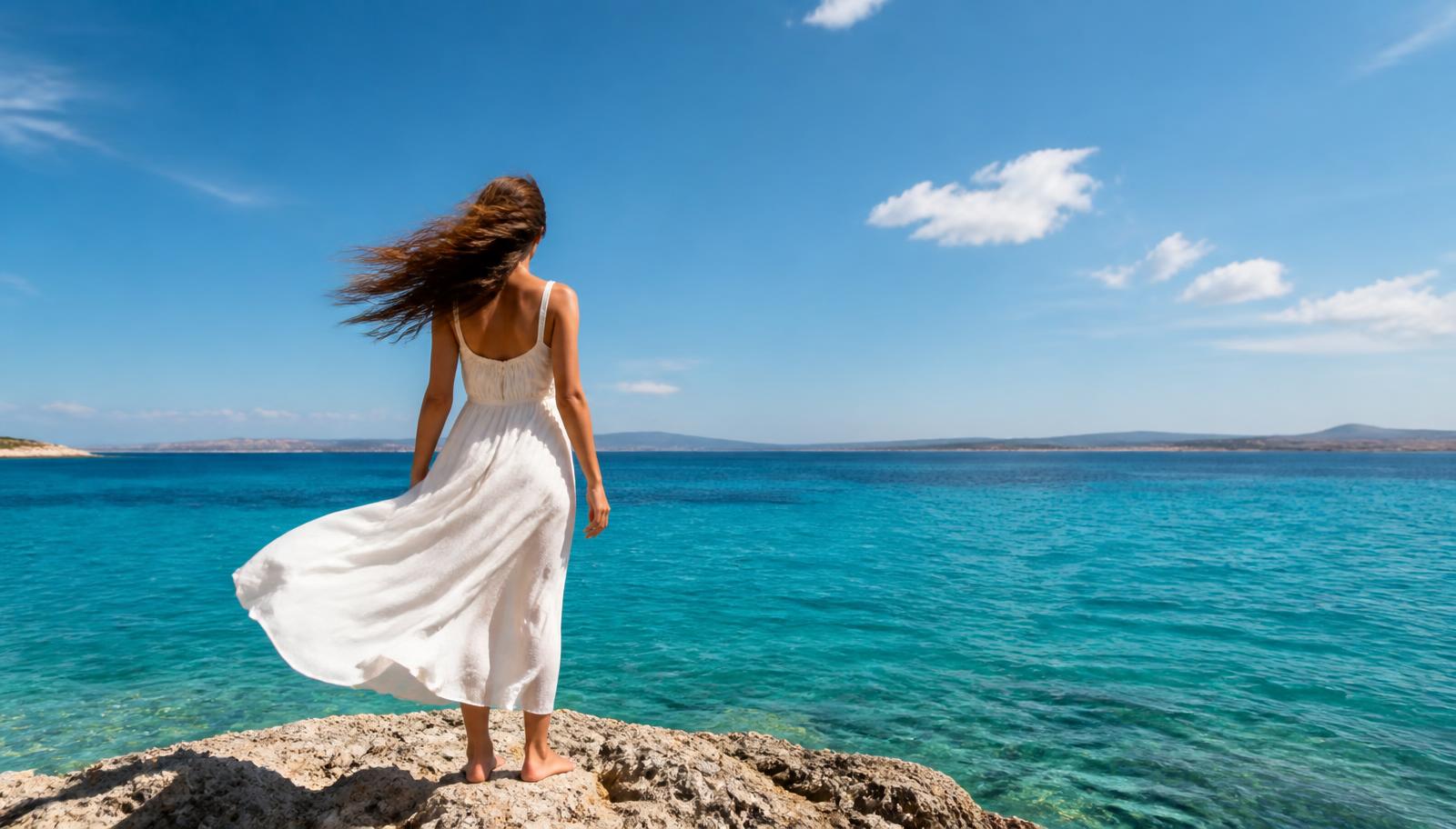 A woman standing at the edge of an open turquoise shoreline under a bright blue sky
